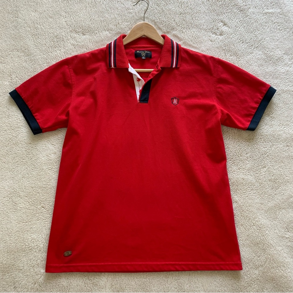 Massimo Dutti Men's Red Polo Shirt with Navy Trim Size XL